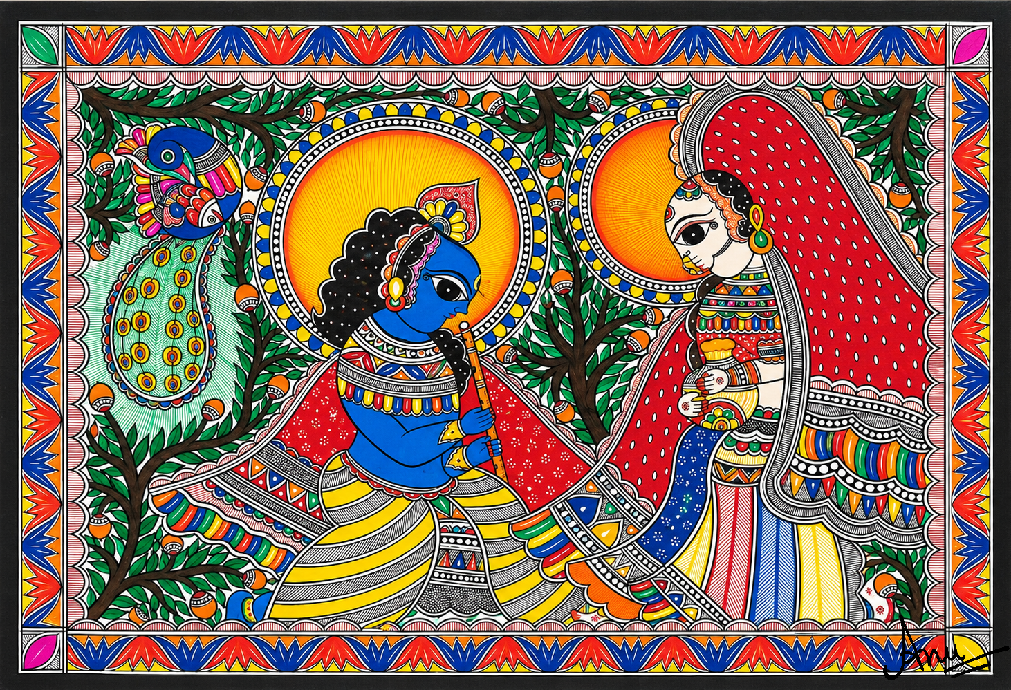 Hand-painted Madhubani artwork by Anu Jha depicting Krishna and Radha with traditional Mithila motifs