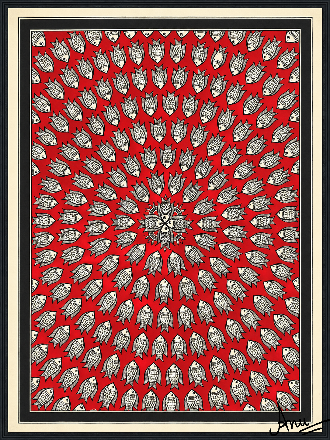 Madhubani painting featuring numerous hand-drawn fish arranged in a circular pattern on a red background