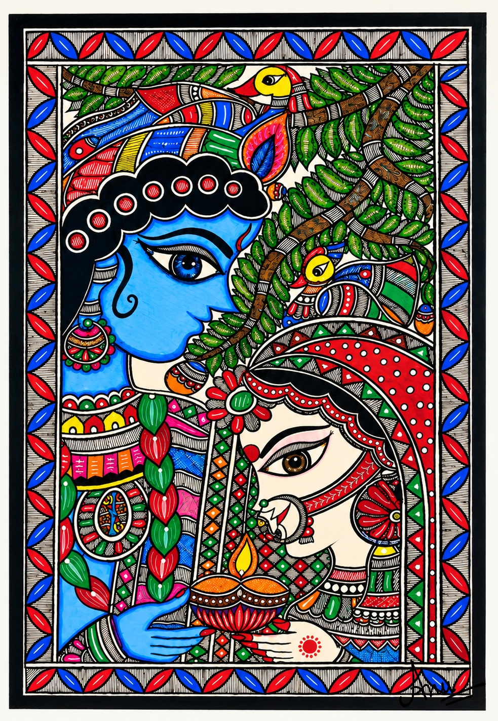 Madhubani painting depicting Krishna and Radha with birds, foliage and traditional decorative motifs