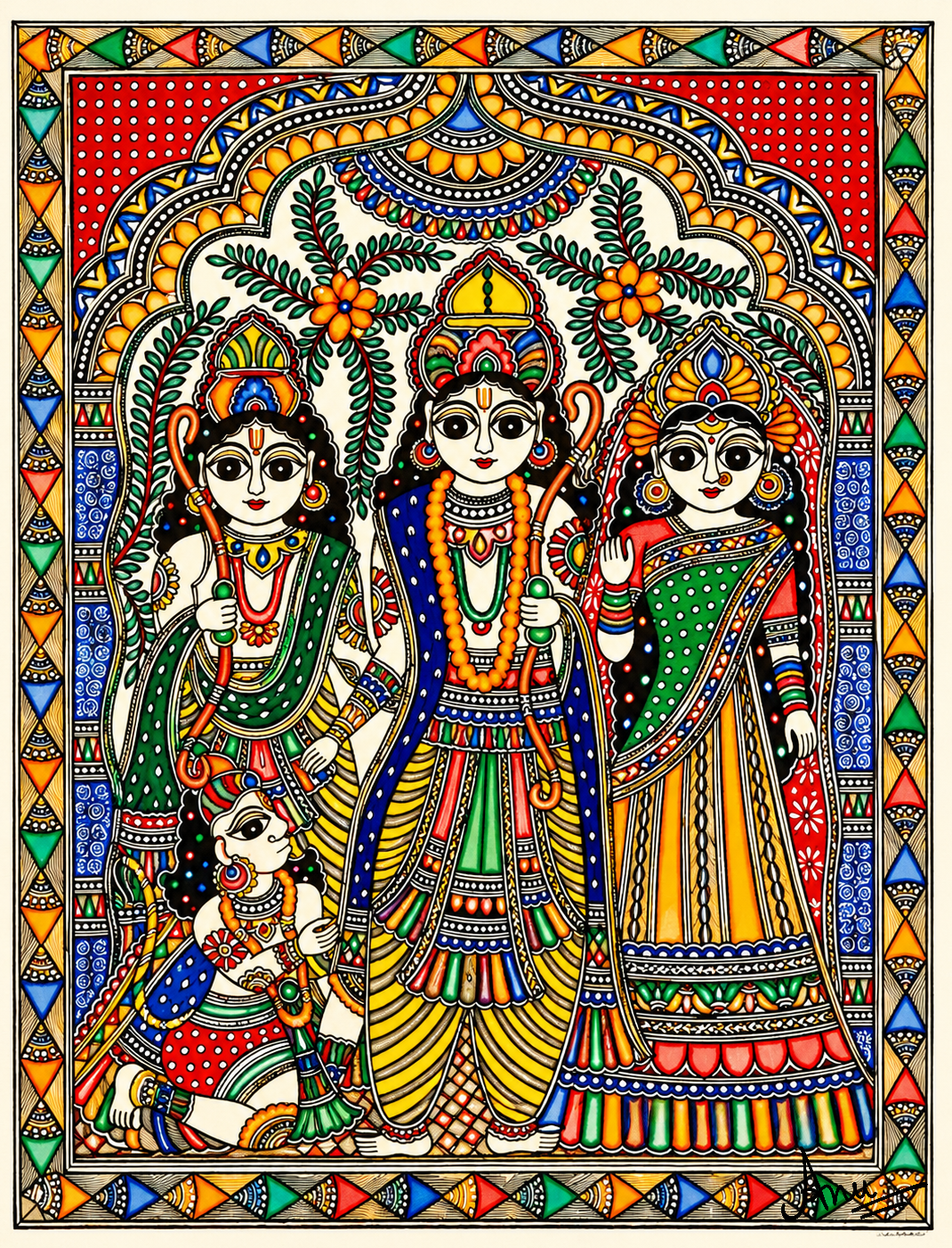 Madhubani painting depicting Ram, Sita and Lakshman surrounded by traditional floral and decorative motifs