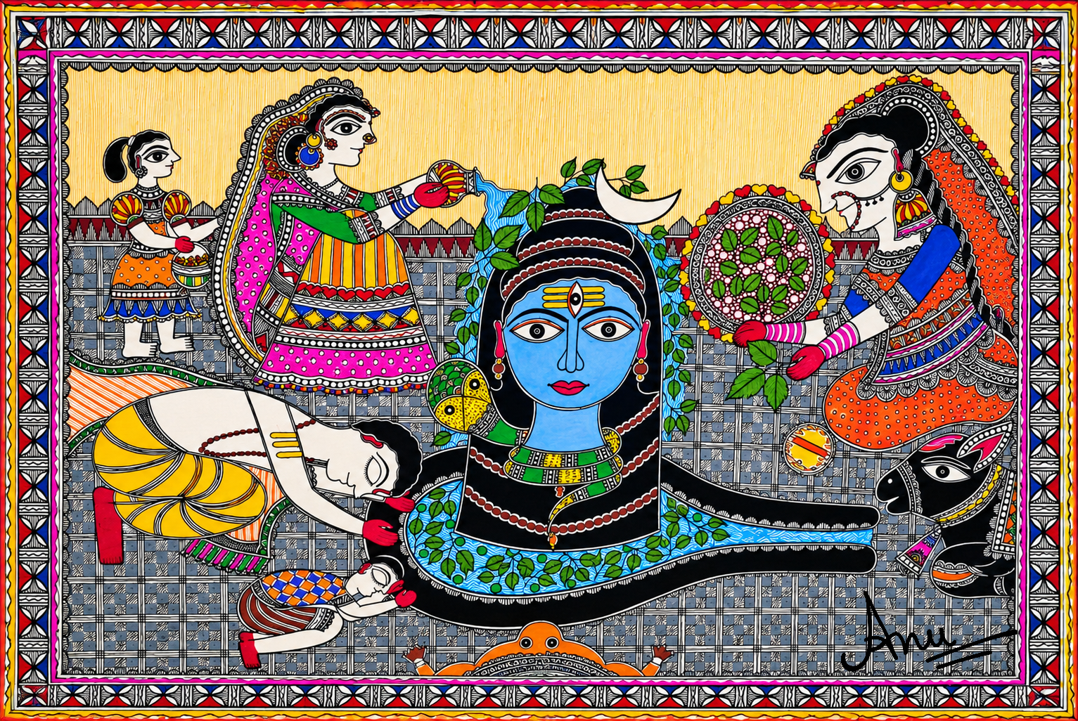 Traditional Madhubani painting of Shiva and Parvati with intricate Mithila motifs