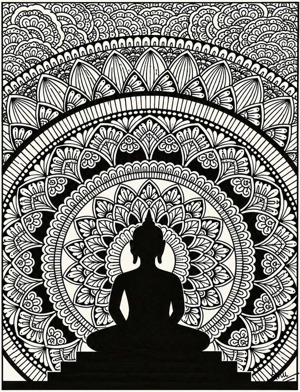 Intricate mandala artwork by Anu Jha with symmetrical patterns