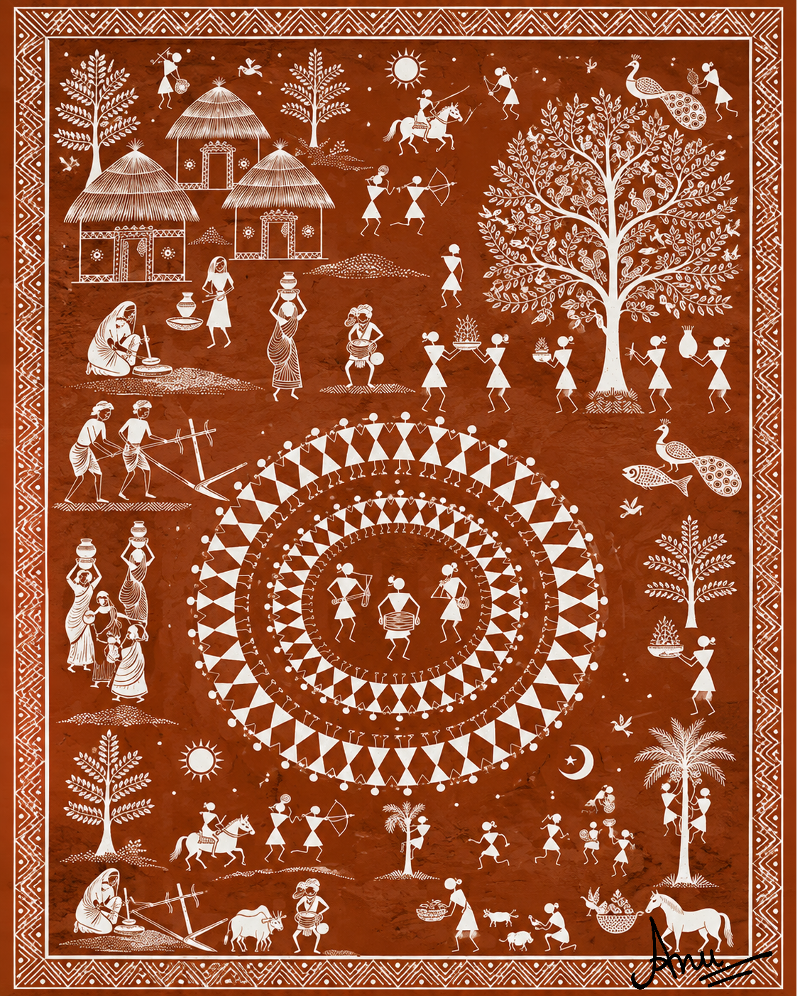 Warli artwork by Anu Jha inspired by traditional tribal painting